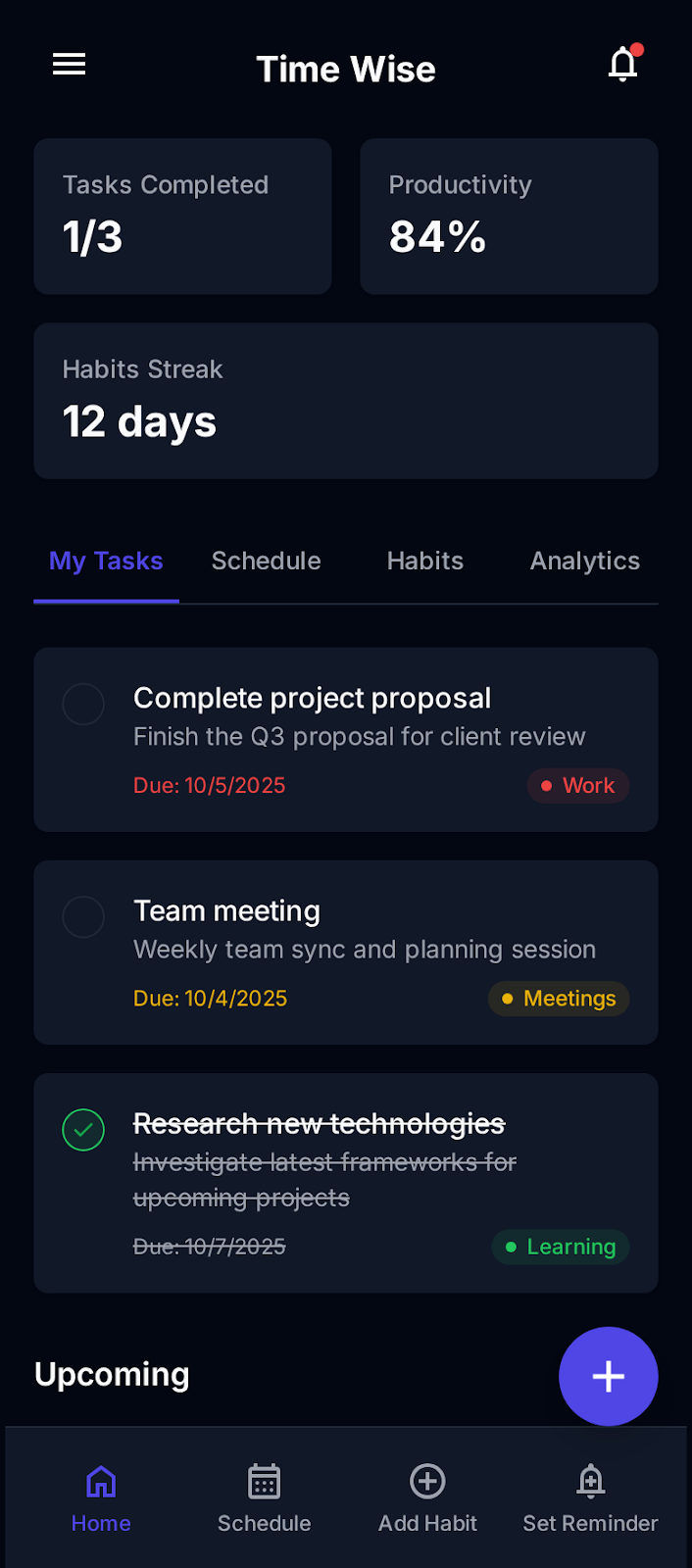 Hi-Fi dashboard with tasks, productivity 84%, and habit streak